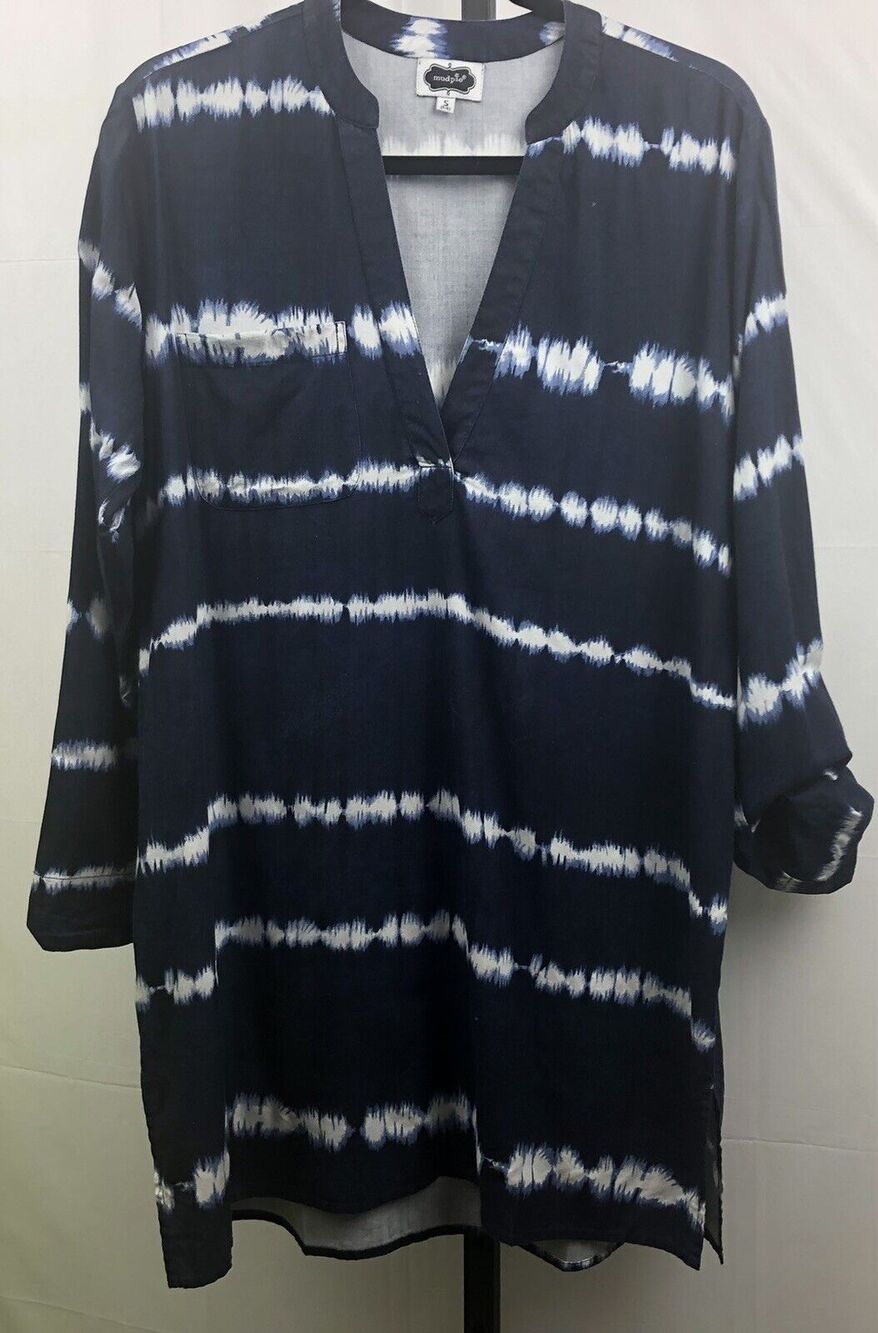 Mud Pie Tunic Women S (4-6) Blue Tie Dye Long Roll Tab Sleeve Relaxed Top Boho